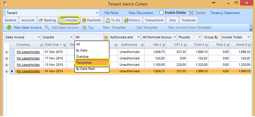 From a Contact Invoices Tab