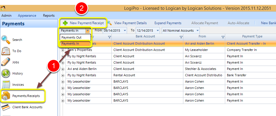 From the Payments/Receipts Screen