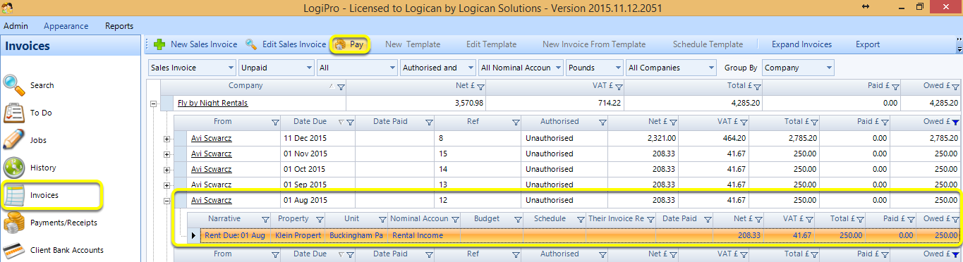 From the Invoices Screen