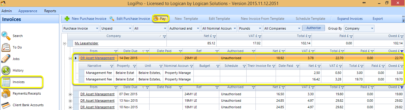 From the Invoices Screen