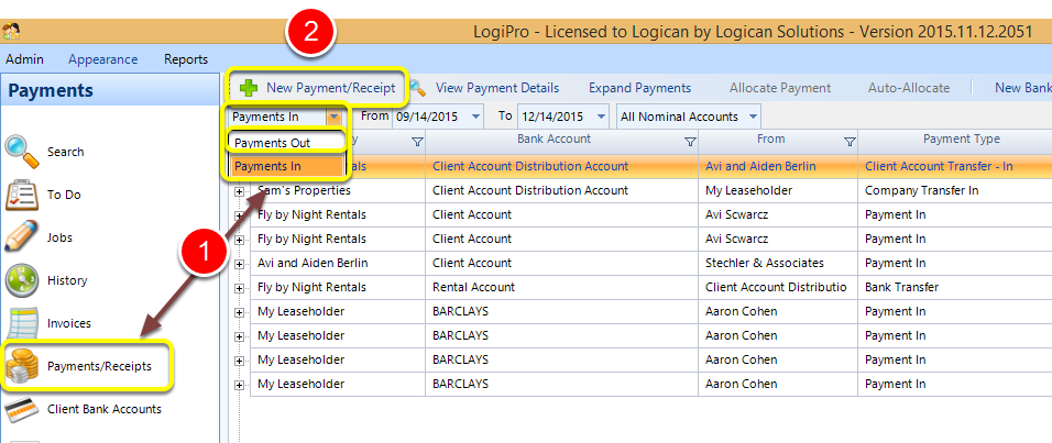 From the Payments/Receipts Screen