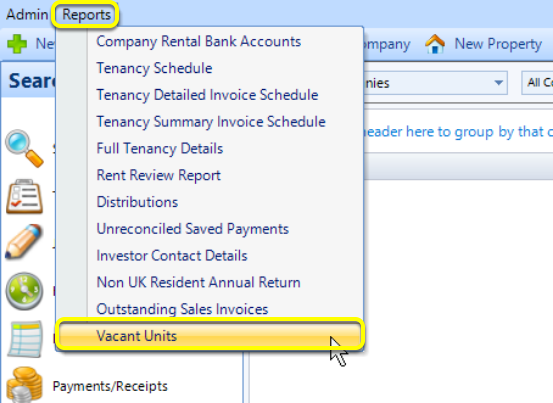 In the main screen, click Reports then click Vacant Units