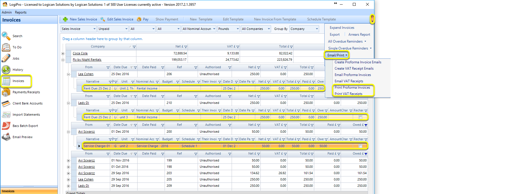 From the invoices list in all screens where it is available (e.g. main screen, companies, tenants), 