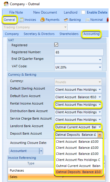 Set the Rental, Deposit and Landlord Default Accounts