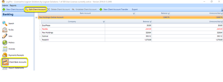 Open the Central Account Window