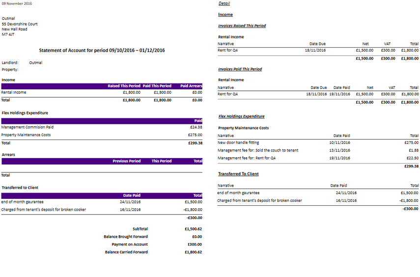 Sample Statement of Account Report for an Owner's Property