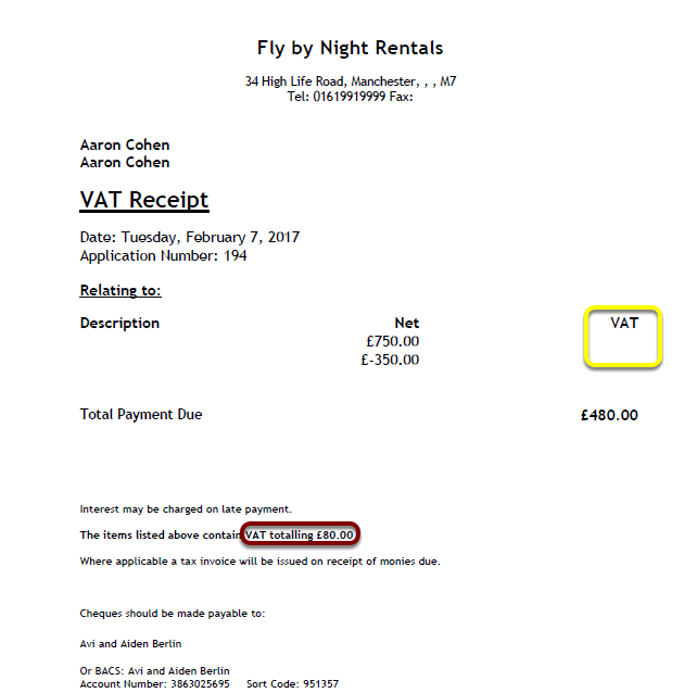 Vat Receipt Net Only: