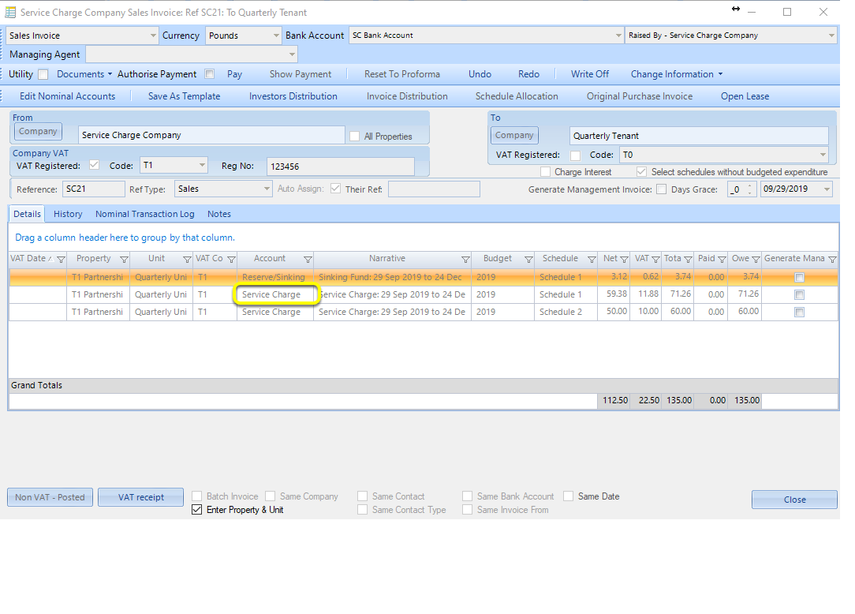 Default sales nominal account